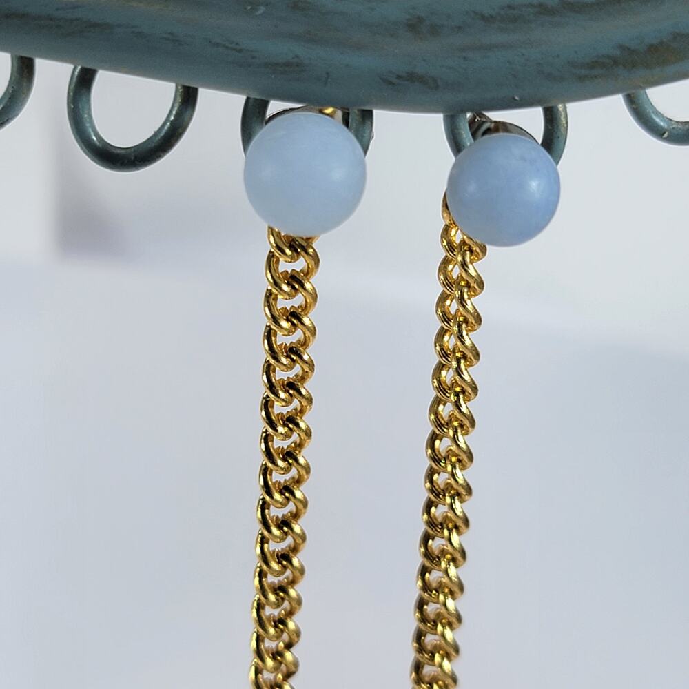 Gold Chain & Pastel Blue Drop Earrings, Modern Design Stylish Statement Earrings